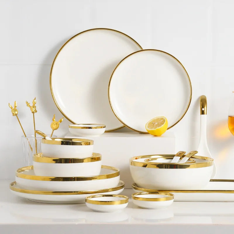 Wholesale Nordic Gold Rim Crokery Fine Bone China Tableware Porcelain Ceramic Dishes Plates Dinnerware Dinner Set for Wedding