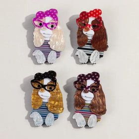 Wholesale Cute Pet Dog Trend Spotted Glasses Bow Striped Clothing Long Hair Lop Dog Animal Acrylic Brooch Pin Jewelry for Women