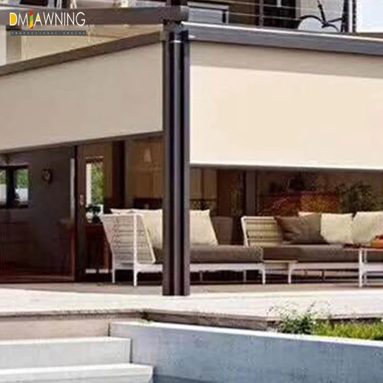 Roof Pergola Built-In Electric Motorized Metal Vertical Zip Track Blinds Windproof Outdoor Polyester+PVC 5-Year Warranty