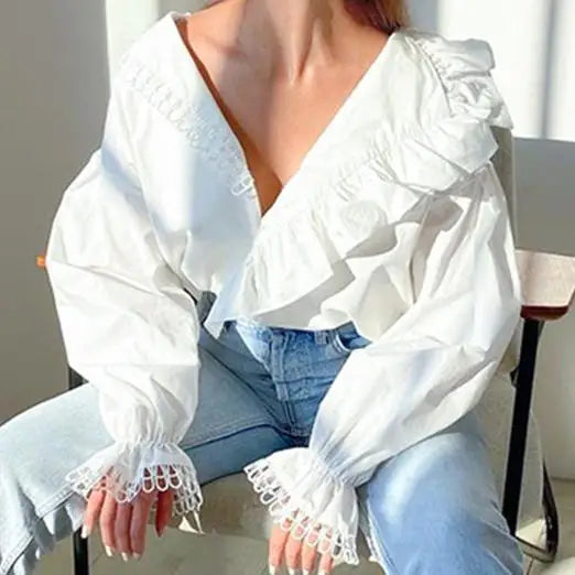 Enyami Women's Blouses V-Neck Lantern Long Sleeve Loose Chic Casual Ruffled Asymmetrical White Top Fashion Lace Ruffles Shirt