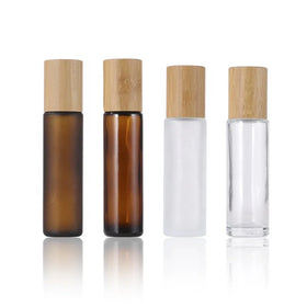 Mini Travel Empty Custom Glass Perfume Bottle Frosted Brown 15ml Glass Roll on Bottle With Bamboo Lid