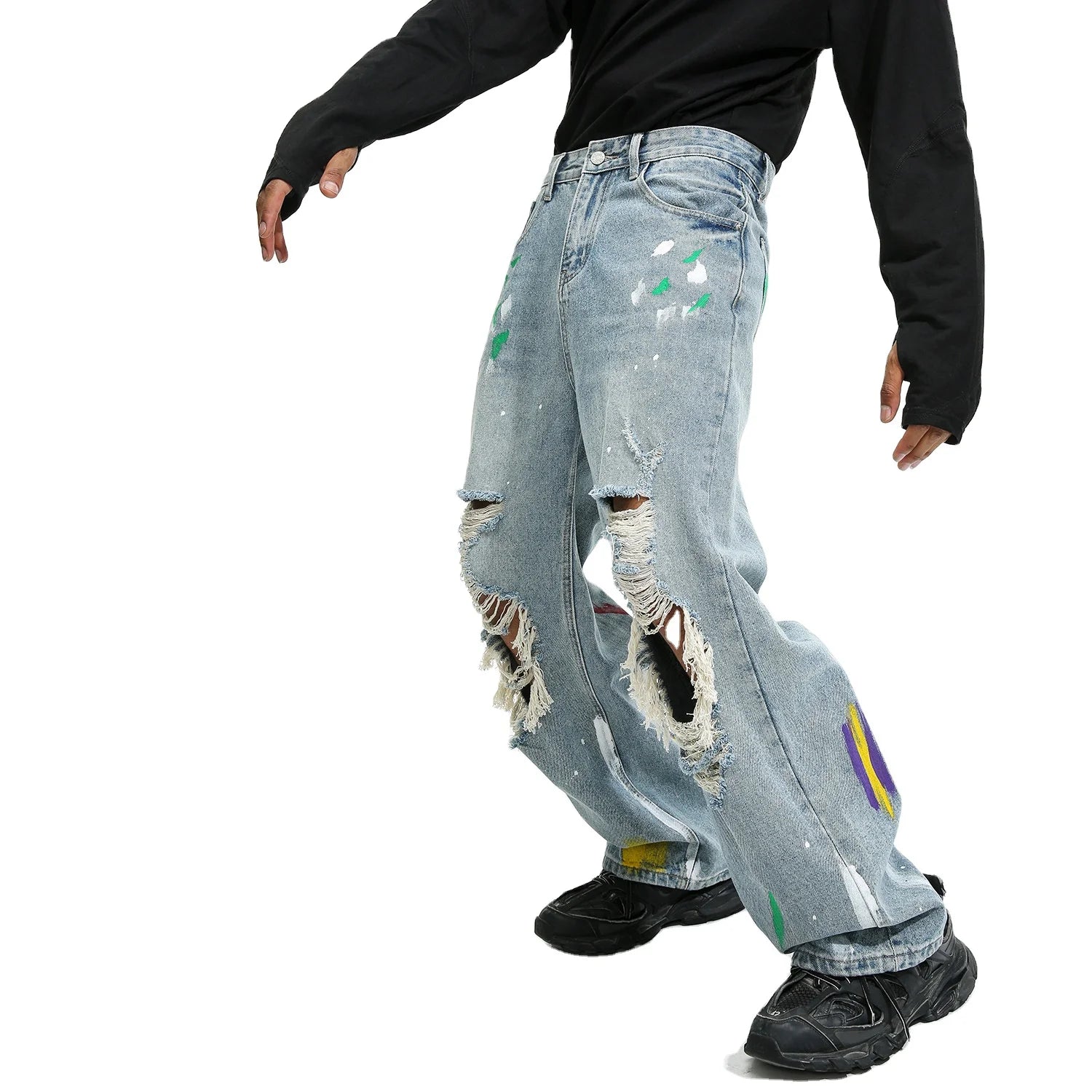 Wholesale New Men Jeans 2024 Light Blue Ripped Jeans Knee Holes Design Painted Denim Jeans