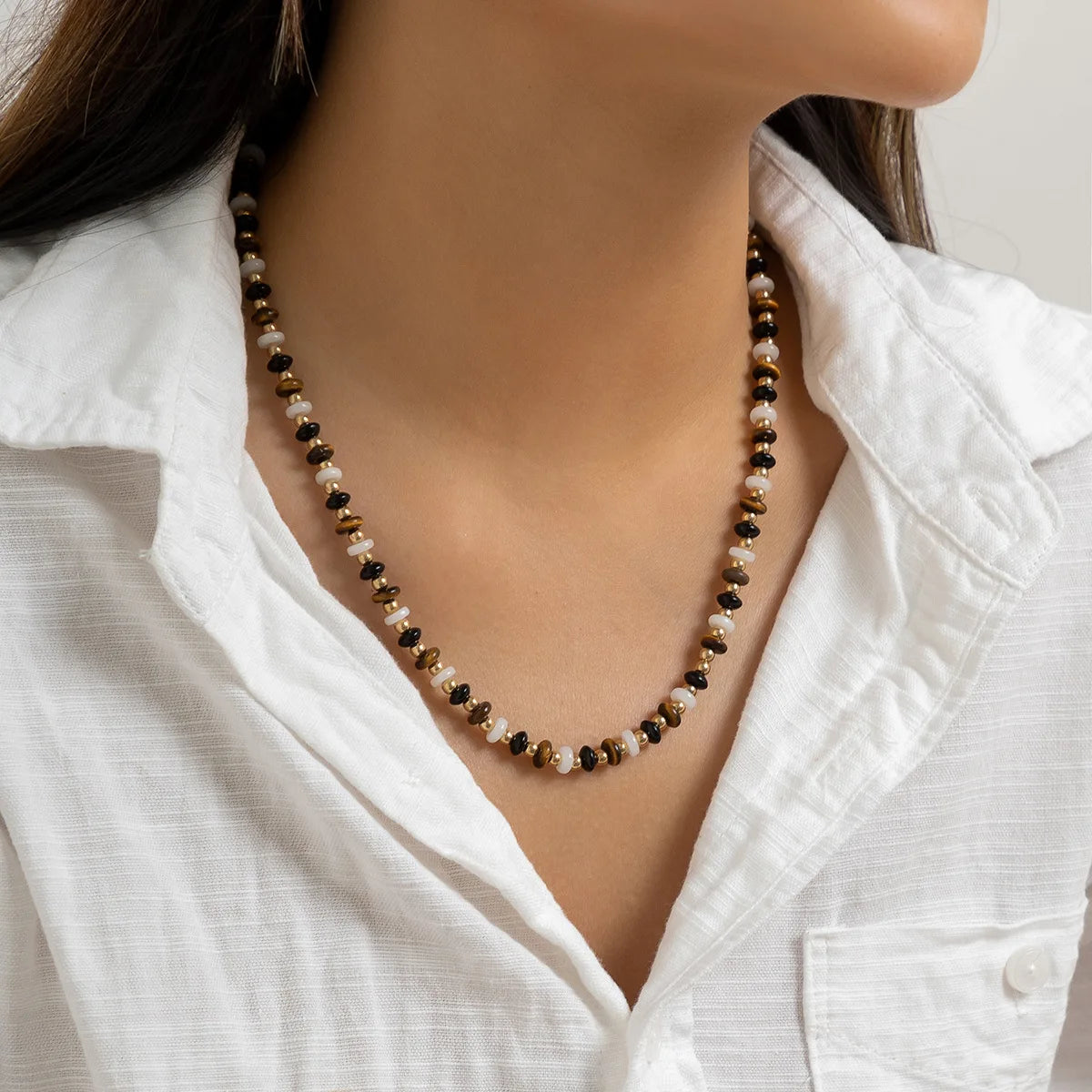Simple Personality Geometric Beaded Glass Collar Retro Temperament Niche tiger Stone Necklace Female Women Necklace