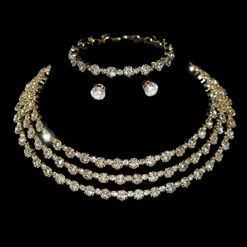 Rhinestone Chokers Wedding Necklace Earrings Bangles Sets Gift Elegant Silver Color Crystal Choker Bridal Jewelry Sets for Women
