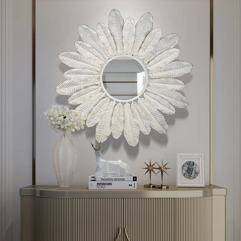 80cm Ornate Decor Light Luxury Decorative Flower Shape Mirrors Elegant Wall Hanging White Metal Frame Feather Mirror Home Decor