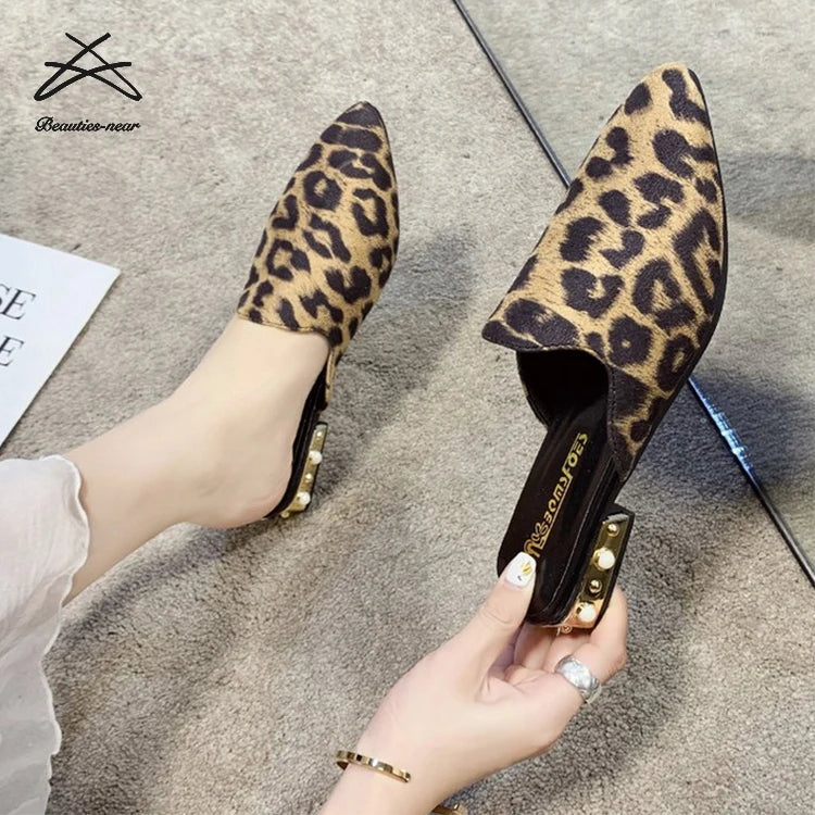 Women Outdoor Leopard Print Sexy Flat Shoes Night Party Club Dress Shoes Pointed Head Womens Slipper Slide Sandals