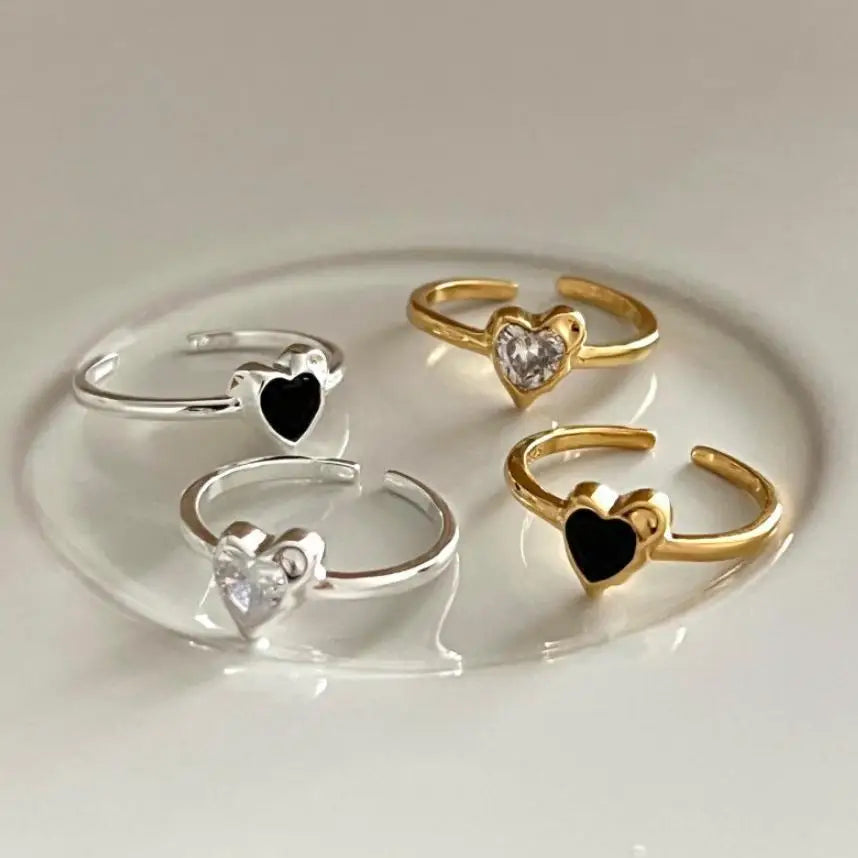 925 Sterling Silver Thin Black Love Open Ring Fashion Light Luxury Niche Exquisite Adjustable Ring for Women