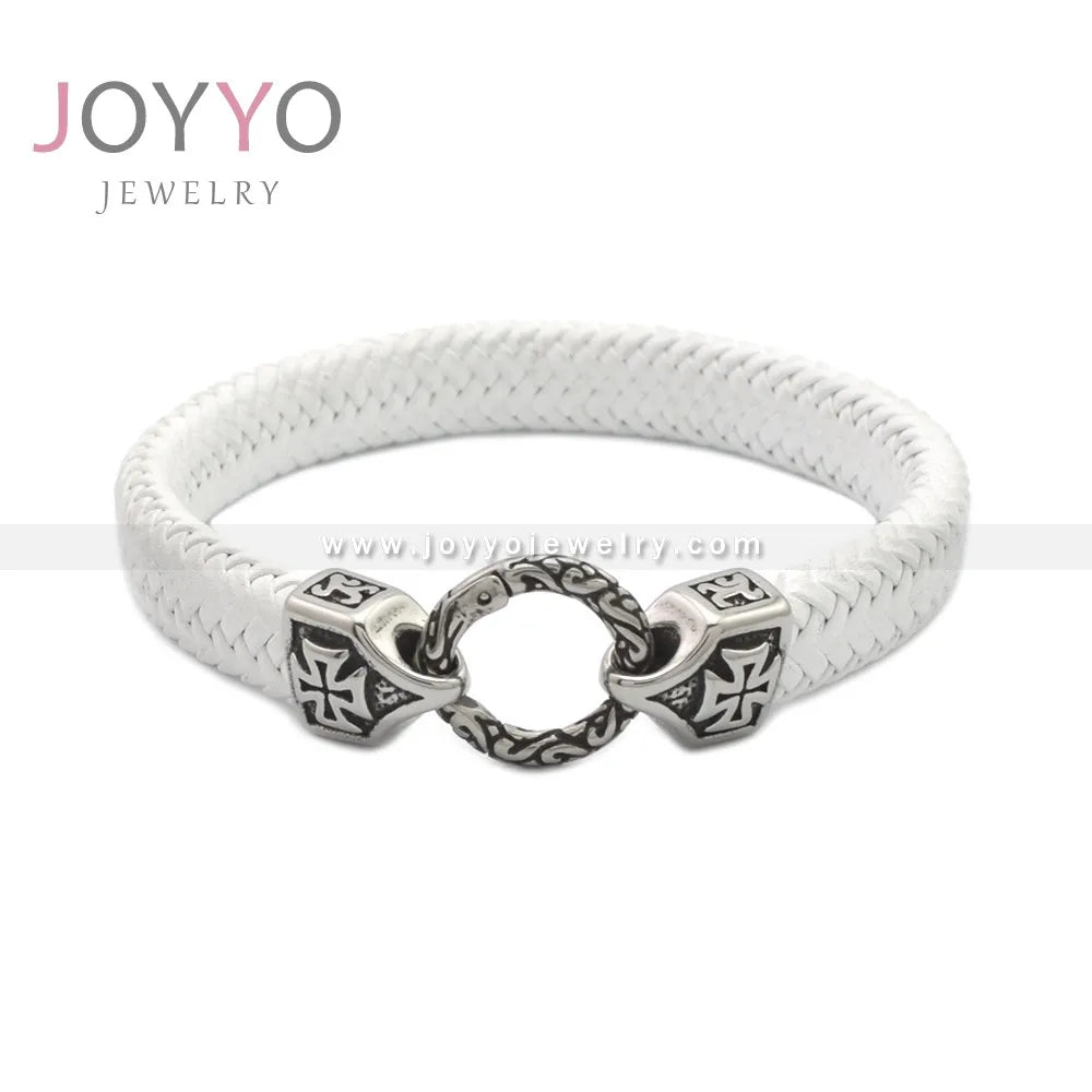 White Color Leather Cuff Bracelets Stainless Steel Leather Goth Bracelet Handmade Mens Braided Leather Jewelry