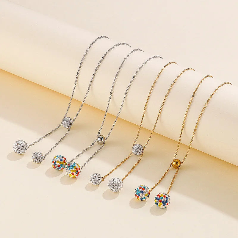 Fashion Stainless Steel Jewelry Gold Plate Color AB Rhinestone Crystal Geometric Ball Tassel Couple Choker Necklace
