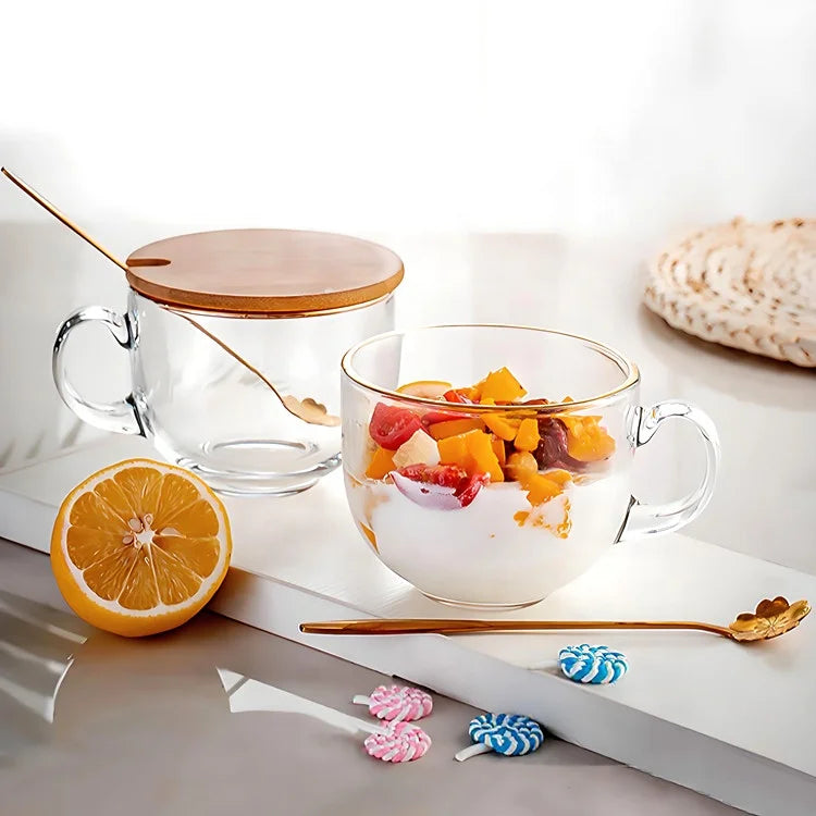 Wholesale Custom Breakfast Mug Dessert Coffee Tea Milk Glass Cups with Bamboo Lids
