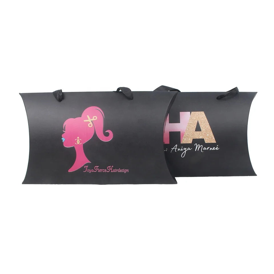 Manufacturer Black Cardboard Paper Pillow Boxes Packaging for Wig Hair Extensions Box with Custom Logo and Handle