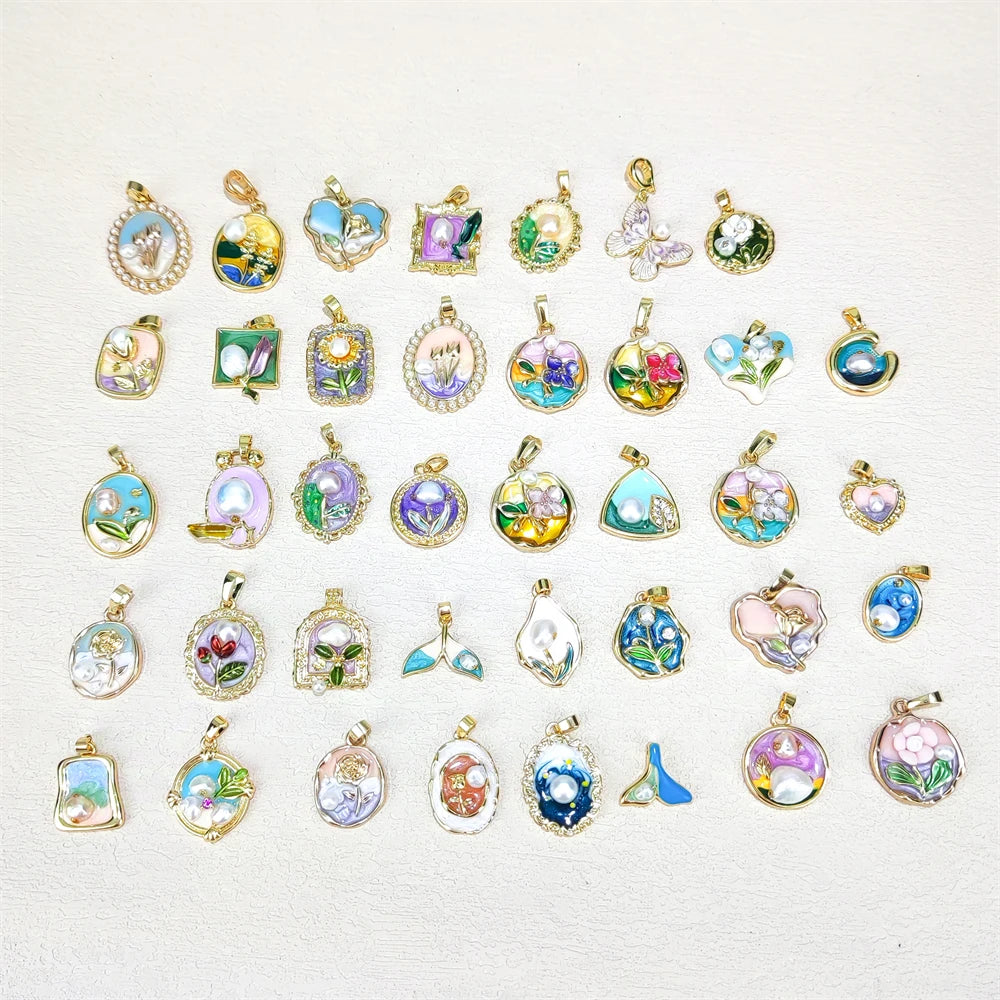 Multi Designs Vintage Gold Plated Charm Natural Freshwater Pearl Pendant Drop Oil Painting DIY Necklace Earrings Accessories