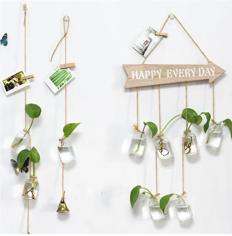 New Creativity Hanging Planter Wall Decor Glass Flower Vase with the Wooden Arrow