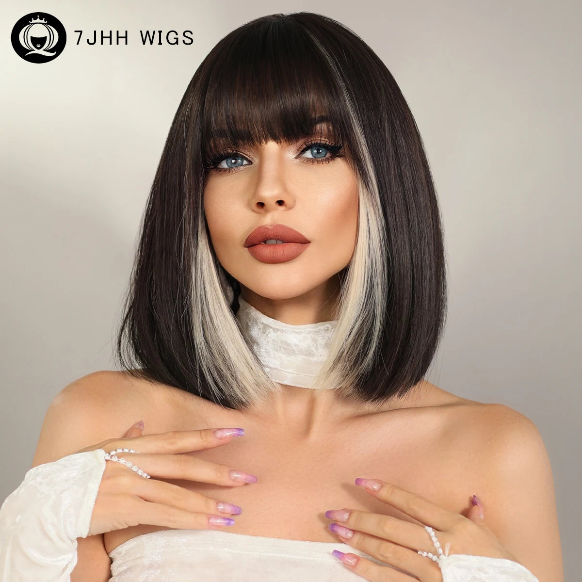 Black Bob Wigs with Bangs Synthetic Straight Bob Wigs for Women Highlights Black White Short Bob Wig Heat Resistant 12 in Hair