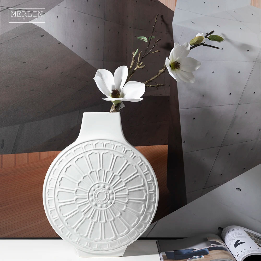 Merlin Living Wheel Shape Vases Nordic Relief Craftsmanship Flat Round Matte Flower Decoration Items Home Decor White Vase