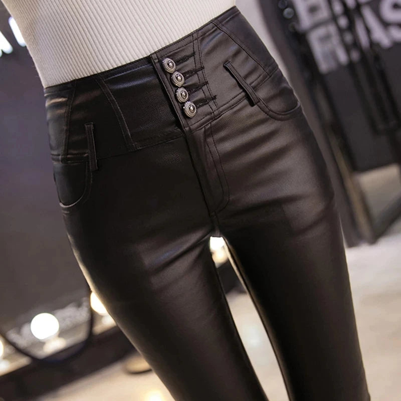 2024 Spring Winter Warm Women Pants  Female PU Leather Velvet Trousers Elastic Pencil Skinny Pants Women's Tight Pants