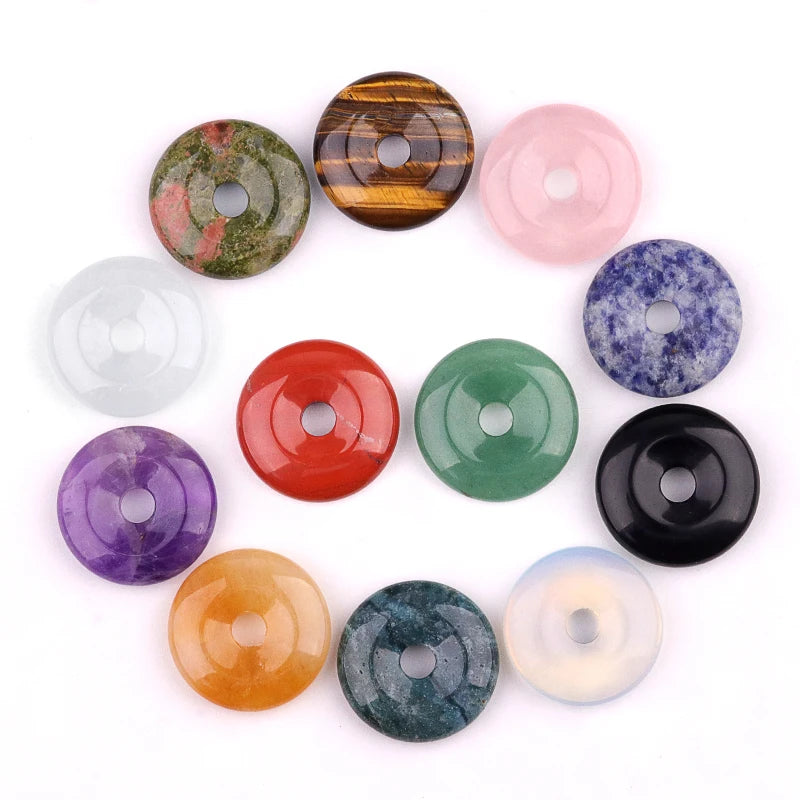 Fashion Round Donut Natural Stone Pendant 30mm Crystal Charm for DIY Necklace & Jewelry Making Accessory Gift to Friend