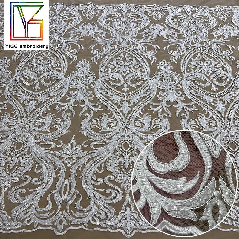 Luxury White Cord Embroidery Tulle Lace Fabric Bridal Wedding Fabric 100% Polyester Cord Embroidered Lace Fabric for Women Dress
