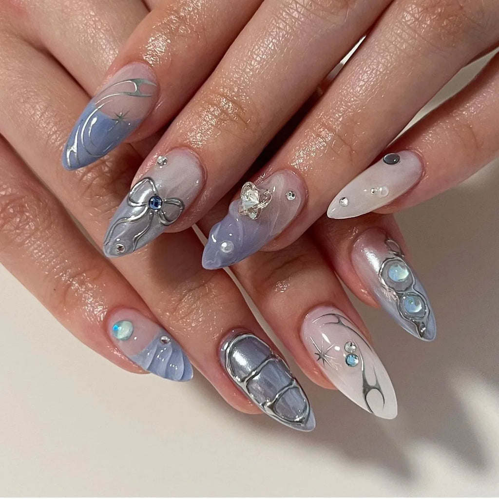 24 Pcs/set 3D Bow Y2K Silver starburst Rhinestone Mermaid Pearl French Manicure Nail Art Press on Nails Wholesale 3123
