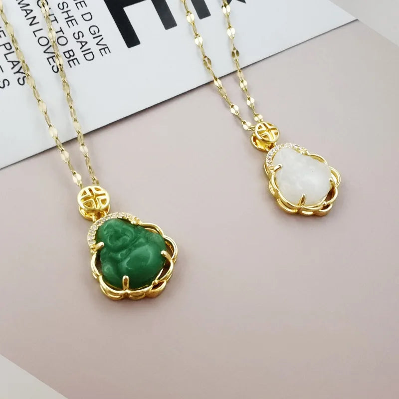 2022 Hot-Sale Crystal Edge Buddha Pendant Necklace Stainless Steel Chain Buddha Jade Necklace for Women