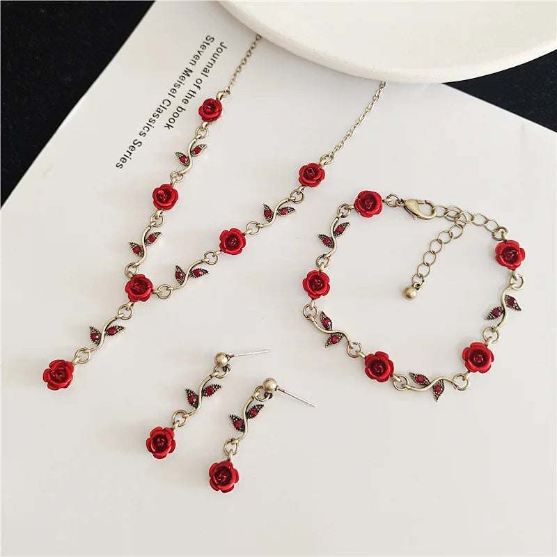 2022 Vintage Jewelry Set for Women 3PCS Vintage Red Rose Flower Pendant Necklace Bracelet Earrings for Wedding Party Gold