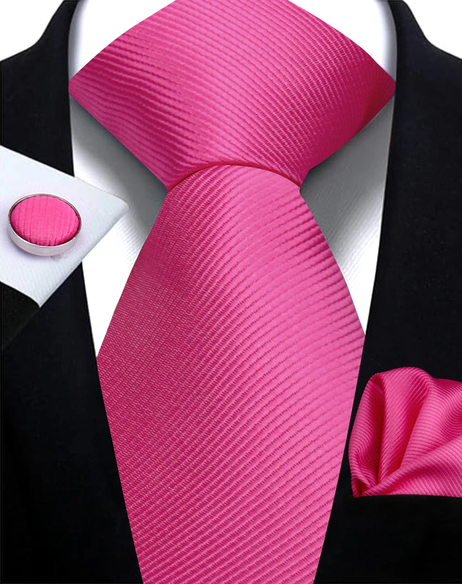 Wholesale Solid Rose Pink Silk Tie Set with Pocket Square and Hanky Cufflinks for Groom Made from Polyester