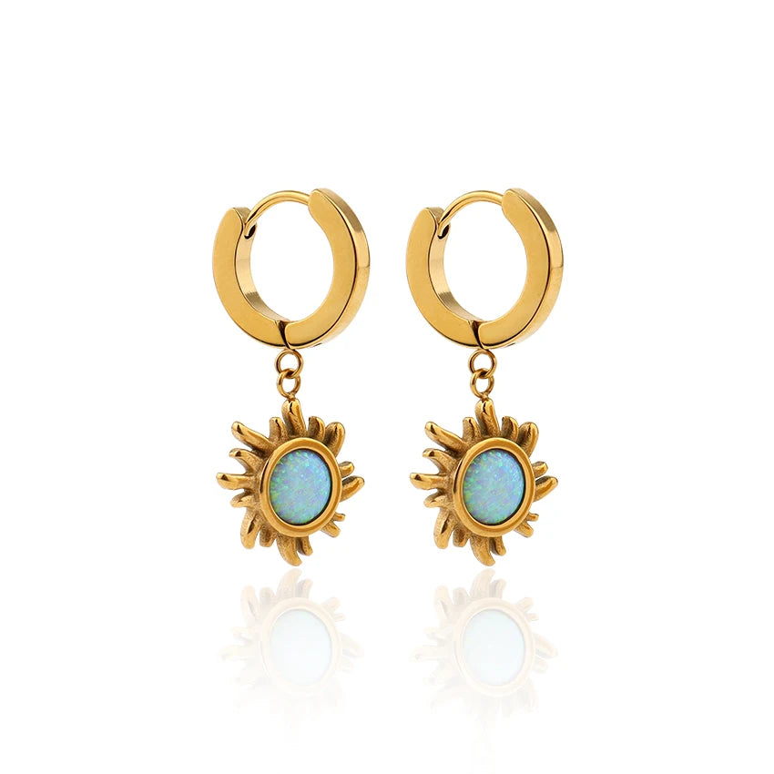 2023 New Arrivals 18k Gold Plated Ethiopian Opal Earring Dangle Sun Charm Opal Starburst Huggie Hoop Earrings for Girls