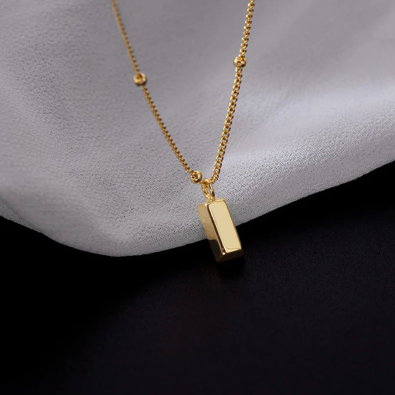 Fashion Jewelry 925 Sterling Silver Bead Necklace Geometric Bullion Cuboid  Rectangle Shape Pendant Gold Plated Necklaces