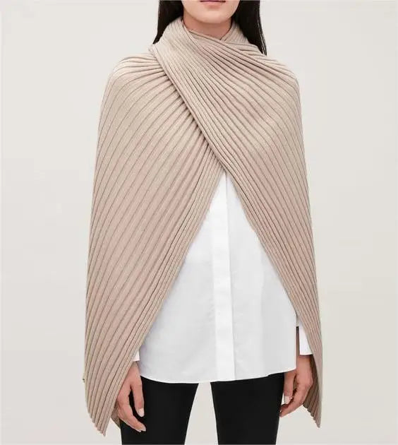 2026 Manufacturer Custom Women Cotton Plain Pleated Knitted Cross Thread Poncho Shawl Sweater for Ladies