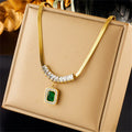 Wholesale Fashion Stainless Steel Retro Moissanite Snake Bone Chain Square Green Diamond Necklace for Women
