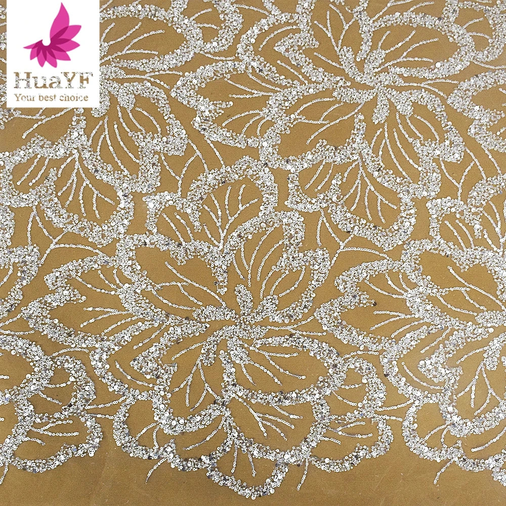 2022 Good Quality Super Sparkle Sequins Beaded Custom Made Color Flower Fabric Applique Embroidered Beaded Tulle Lace HY2005-4