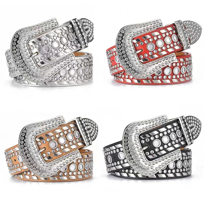Luxury Western Cowboy Crystal Studded PU Metal Belts with Diamonds for Jeans Cinto De Strass
