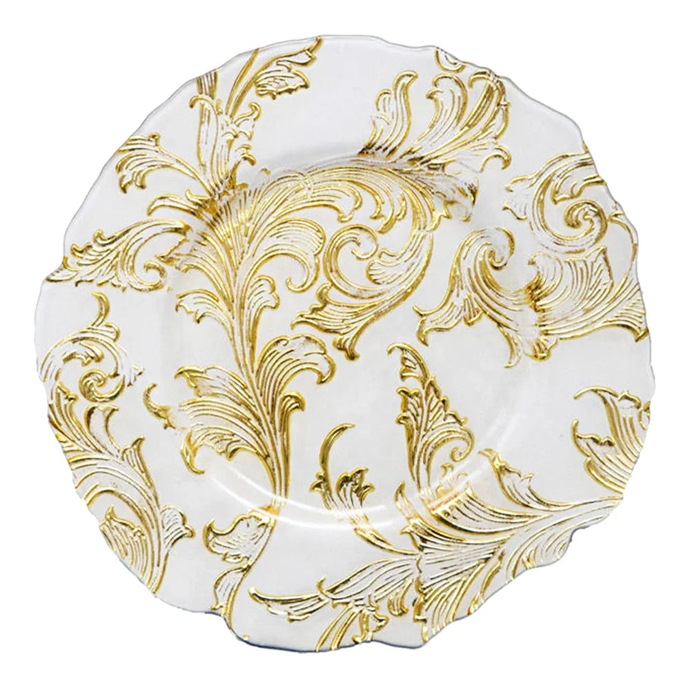 Vintage Unique Rustic White Gold Glass Underplate Irregular Flower and Leaves Design for Wedding Banquets