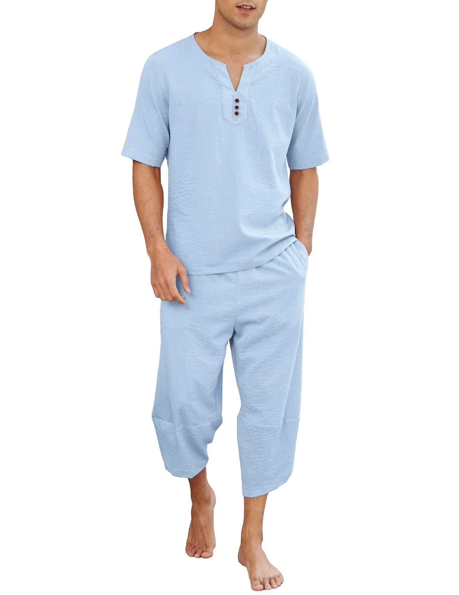 New Arrival Men's Sets Cotton Linen 2 Piece Suit Shirt and Pants Set for Men Clothes Cropped Trousers Casual Loose Suit Summer