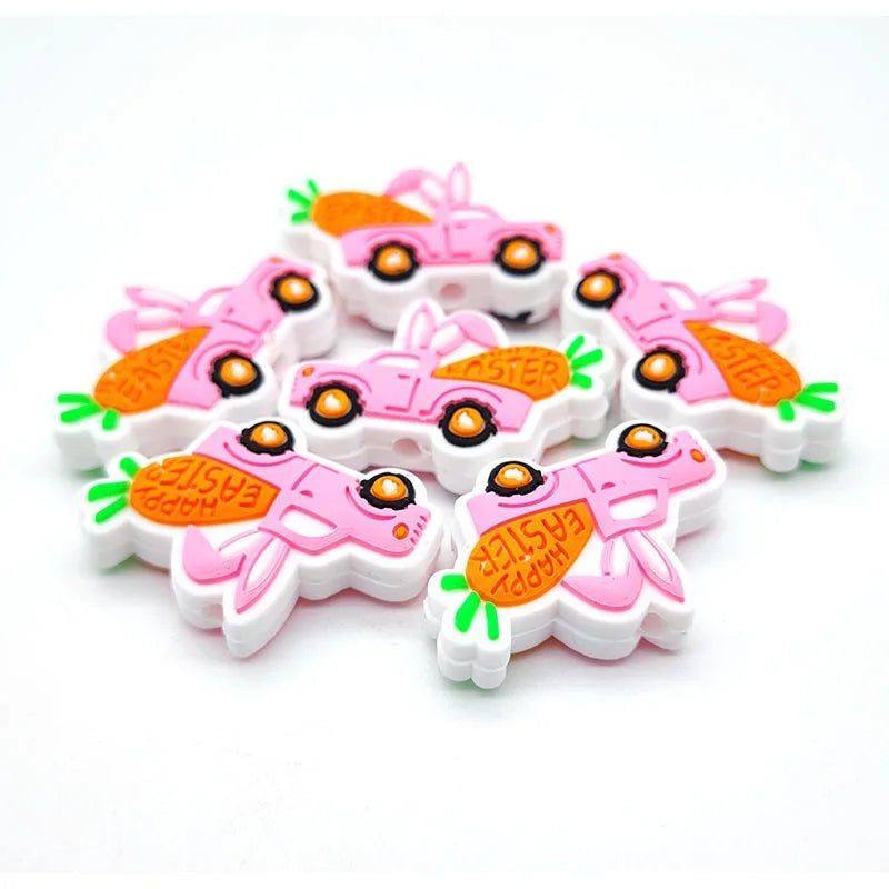 New Arrival Bulk Bpa Free Chew Silicone Baby Teething Easter Bunny Rabbit Eggs Basket Focal Beads Diy for Pen Making Accessories