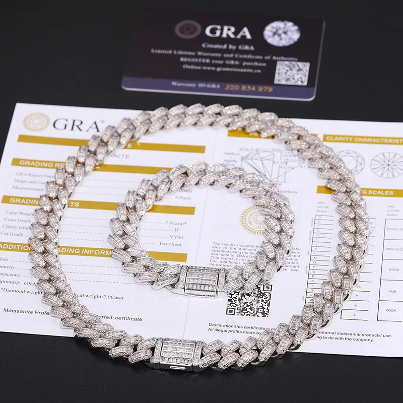 Dropshipping Hip Hop Jewelry 925 Sterling Silver 12mm Baguette VVS Moissanite Diamond Iced Out Cuban Link Chain Necklace