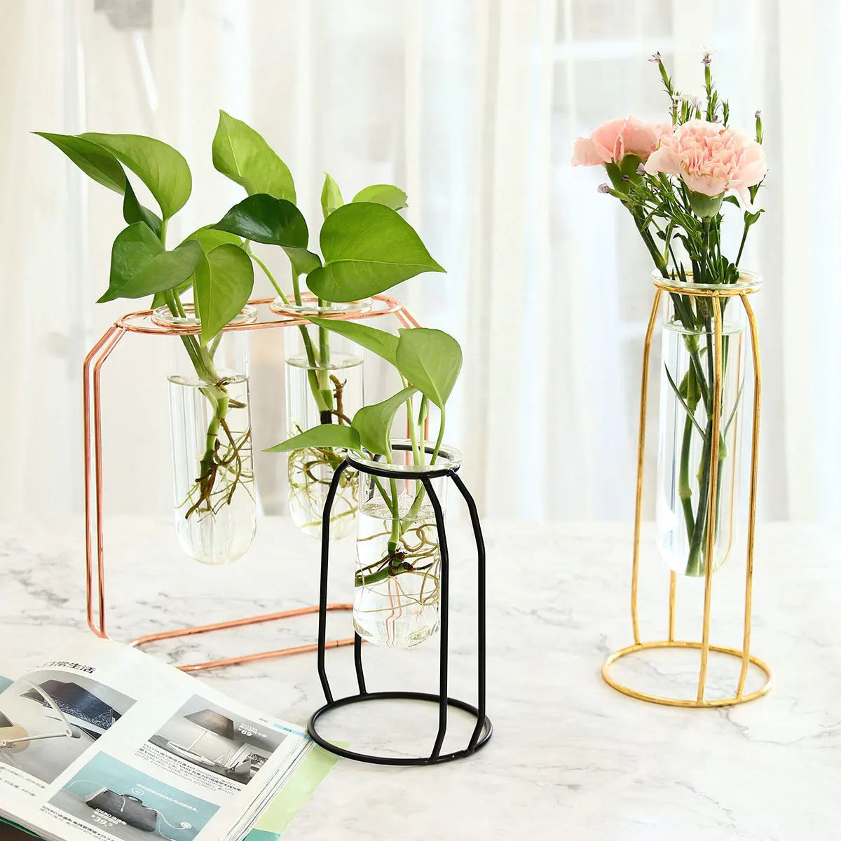 Modern Nordic Ins Golden Glass Test Tube Vase Creative Office Desktop Hydroponic Flower Decoration Ornament Tabletop Accent