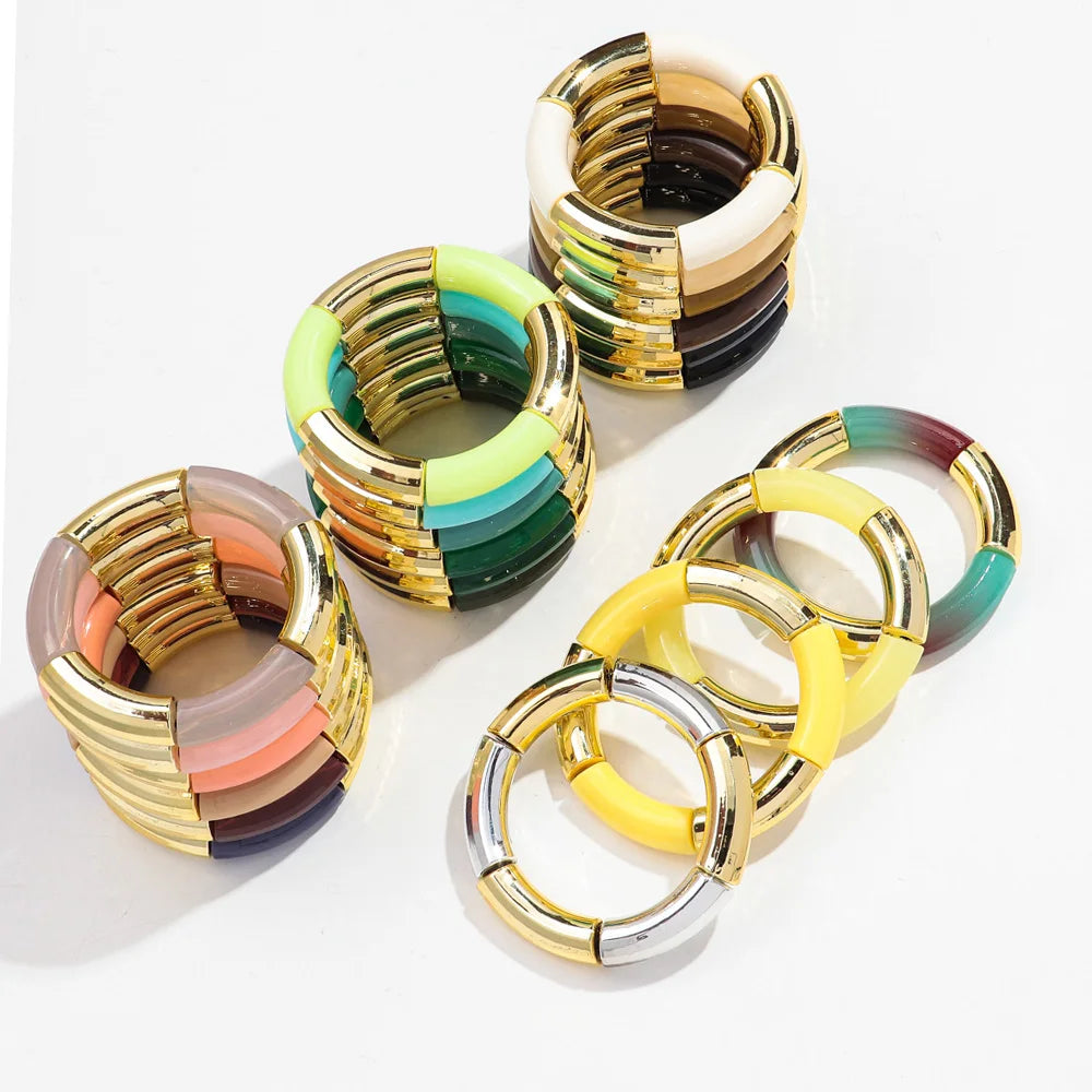 Trend FS Bohemian Resin Bamboo Bracelet Colorful Jelly Chunky Tube Bead Acrylic Elastic Bangles Unisex Gift 2025