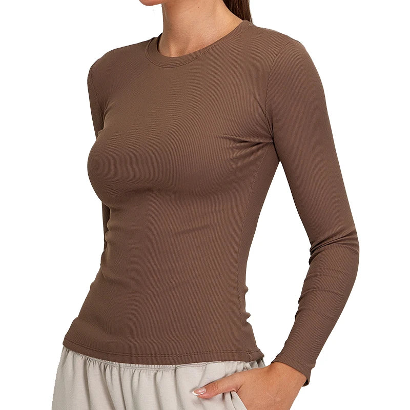 Women's Long Sleeve Comfort Compression Yoga T-Shirt Quick Dry Ribbed Soft Breathable Lightweight Solid Pattern Active Use OEM