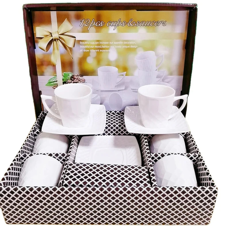 Wholesale European White Porcelain 12-Piece Eco-Friendly Tea & Coffee Cup and Saucer Set with Color Box for Giveaways