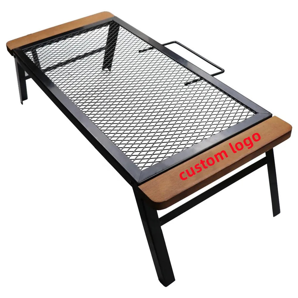 The New Outdoor Anti-scalding Wooden Handle Camping Barbecue Iron Table Convenient Folding Net Camping Grill Table