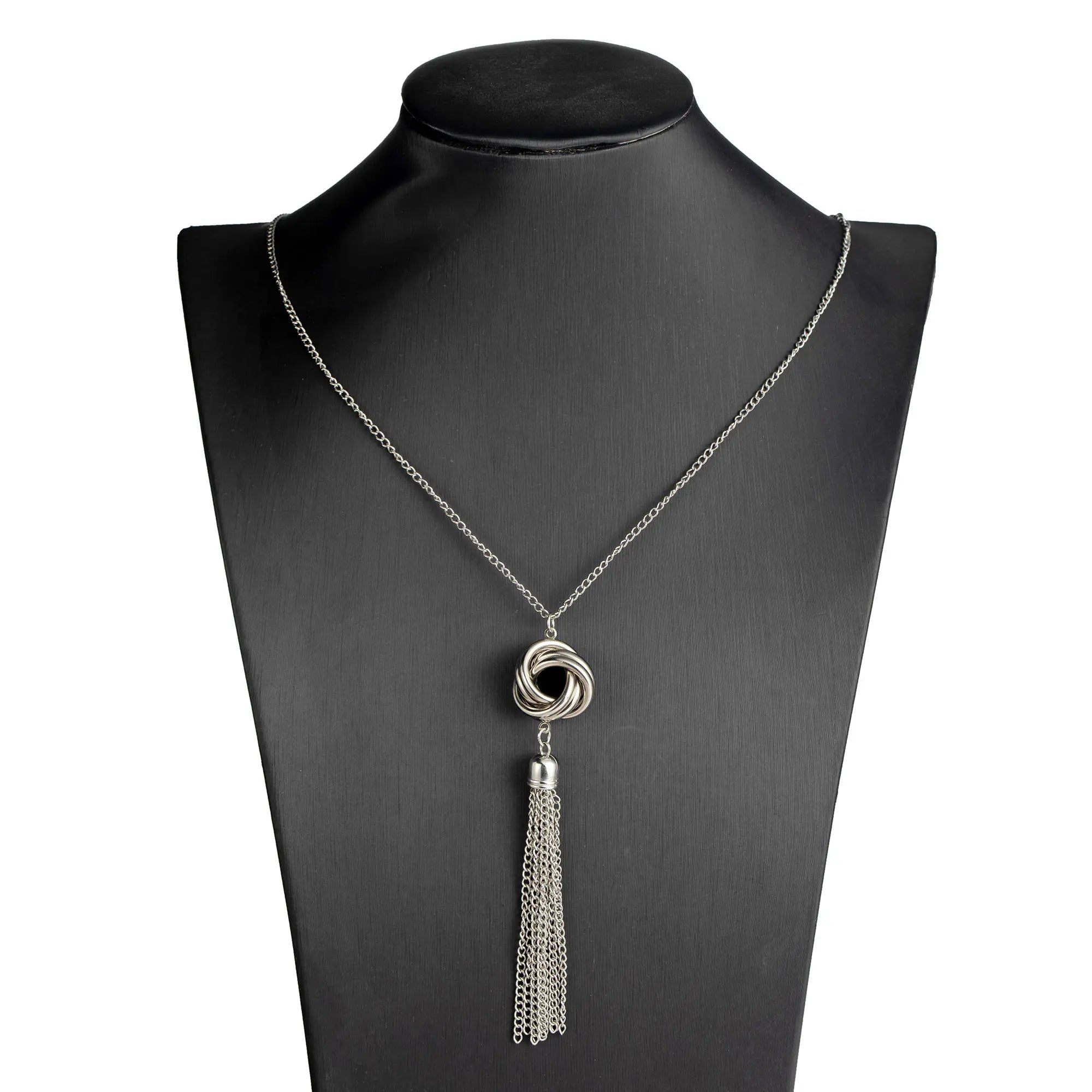 Long Tassel Necklace Silver and Gold Tone Lovely Knot Tassel Pendant Knot Snake Chain for Women