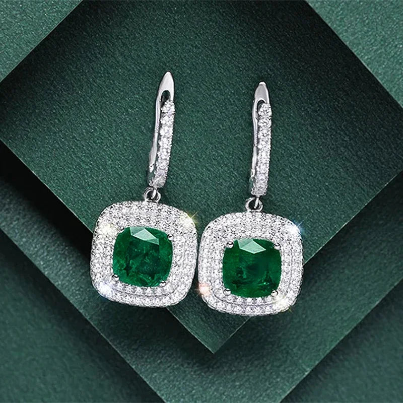 CAOSHI Elegant Style Square Design Green Crystal Sparkling Zircon Earrings for Trendy Wedding Silver Plated Hoop Earrings Women