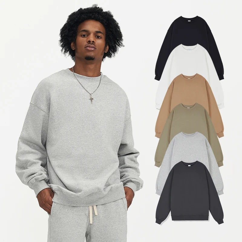 Men's Oversize 390G Fleeced Cotton Full Sleeves Pullover Sweatshirts Custom LOGO Heavyweight Cotton Sweatshirts