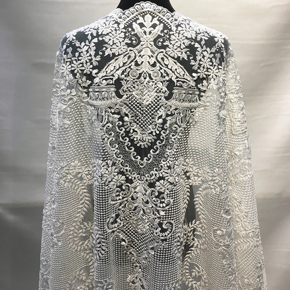 Luxury Embroidered White French Net Lace Fabric Beaded Bridal Lace With Sequins for Wedding Dress Sewing