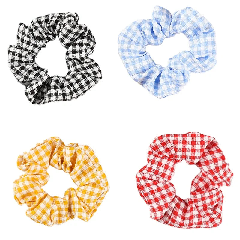 Korean Hair Elastic Band Plaid Fabric Satin Scrunchies Ponytail Holders Scrunchy Hair Ties Wholesale for Women