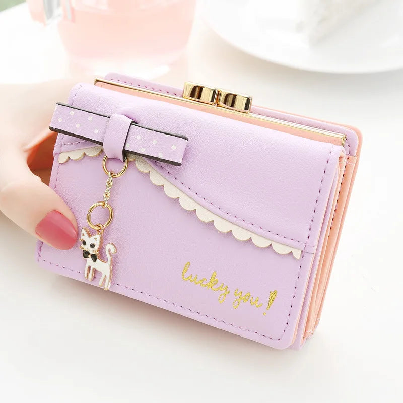 Multi-Function Cat Pendant Student Small Metal Coin Purse Mini Cute Women Wallet with Money Clip Girls