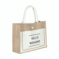 Custom Large Jute Burlap Tote Bag with Soft Cotton Handles Travel Jute Bag with Letter Pattern Design