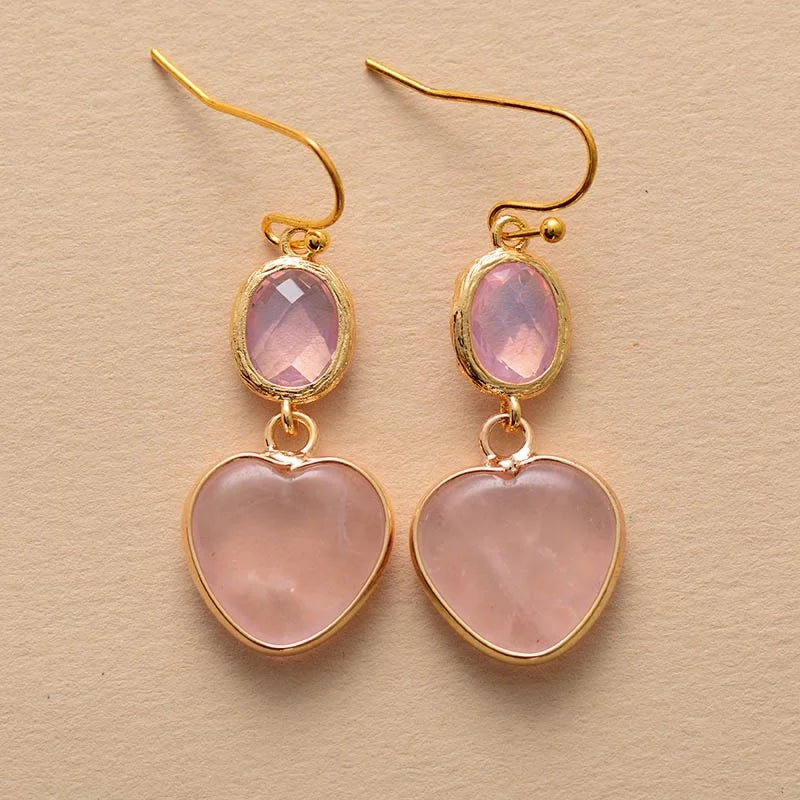Classic Gold-Plated Heart-Shaped Rose Quartz Dangling Earrings Stylish Drop Jewelry GIC Certified for Teachers Anniversary