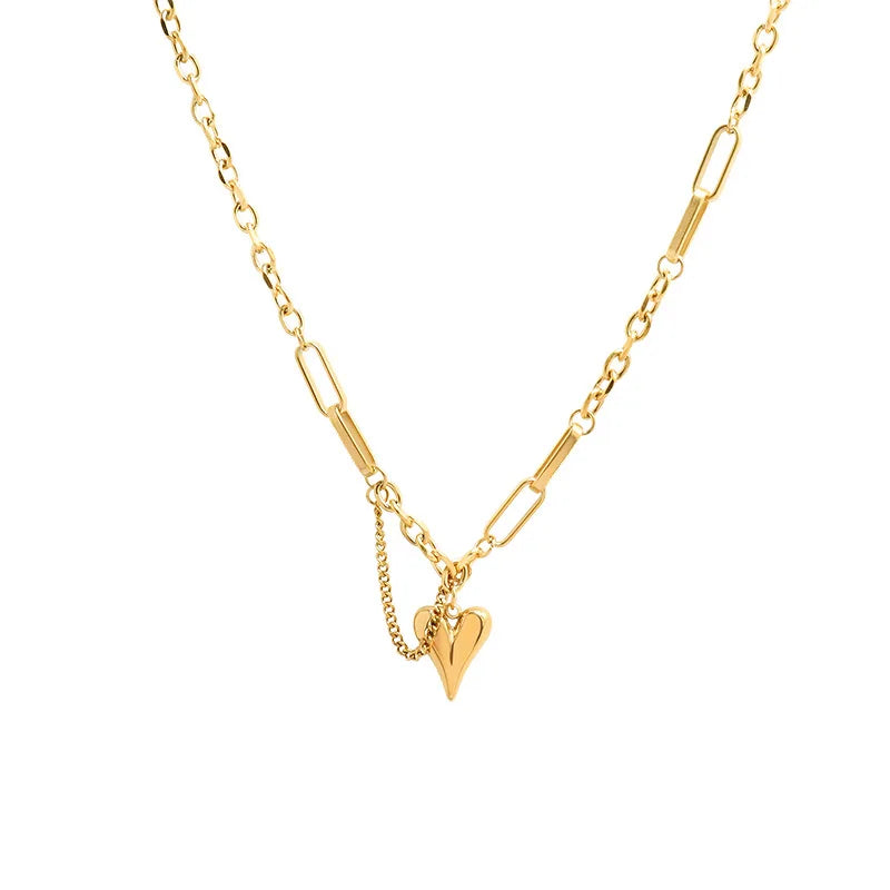Japanese and Korean Small Peach Love Heart Tassel Necklace and Earrings Suite Stainless Steel 18K Gold Plating Two-Piece Jewelry